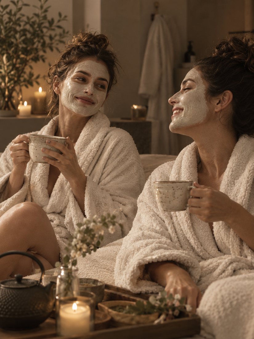 Dos amigas en bata con mascarilla compartiendo una infusión